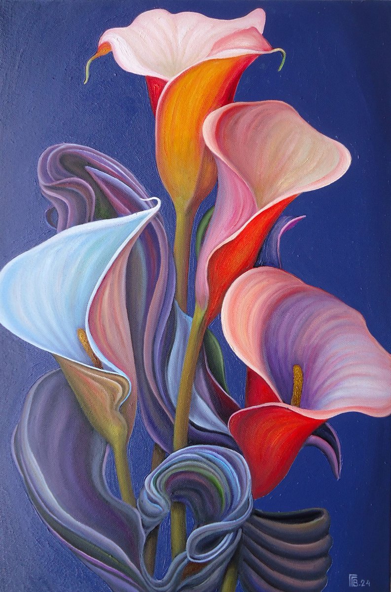 Photorealistic Botanical Oil Painting By Grigor Velev, 16 X 24, Calla Lilies Requiem, Original Artwork