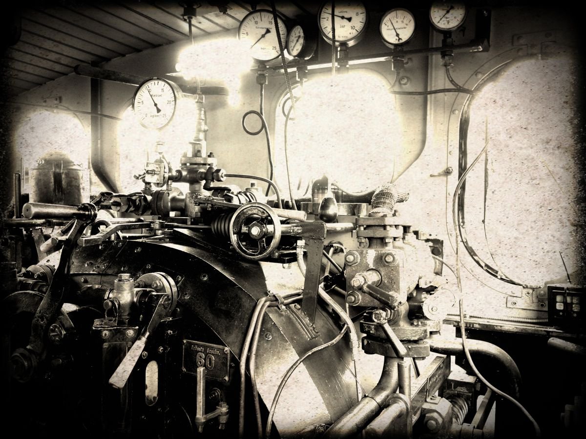 Old steam trains in the depot - print on canvas 60x80x4cm - 08381m3 by Kuebler