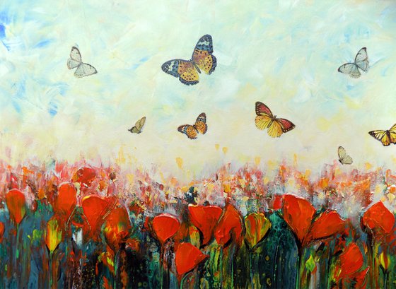 Welcome spring - Large abstract red flowers with butterflies, original artwork, abstract landscape