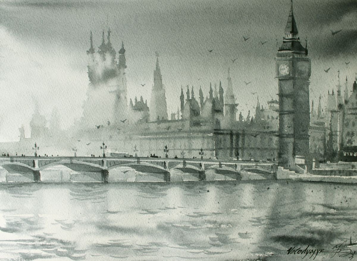 Impressionistic Cityscapes Watercolour By Volodymyr Melnychuk, 15 X 10", London#4, Original Artwork