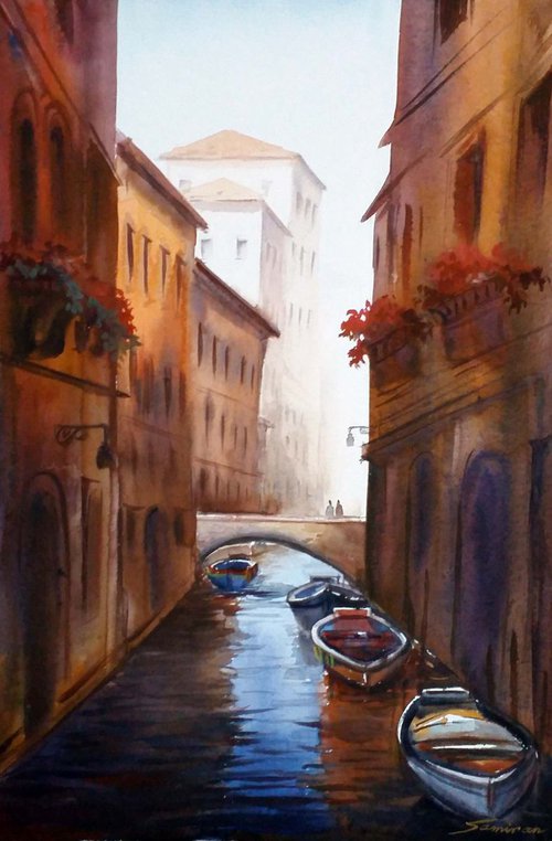 Morning Venice Canals - Watercolor Painting by Samiran Sarkar