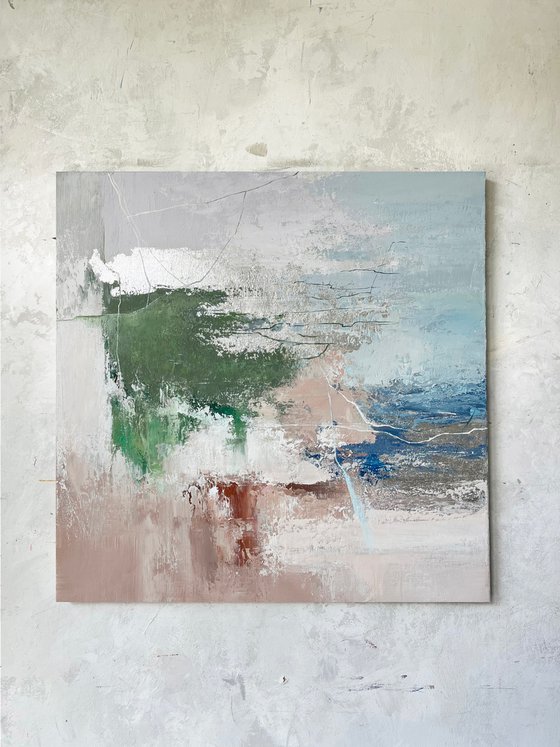 "Green Wave 3" Blue green gray abstract art