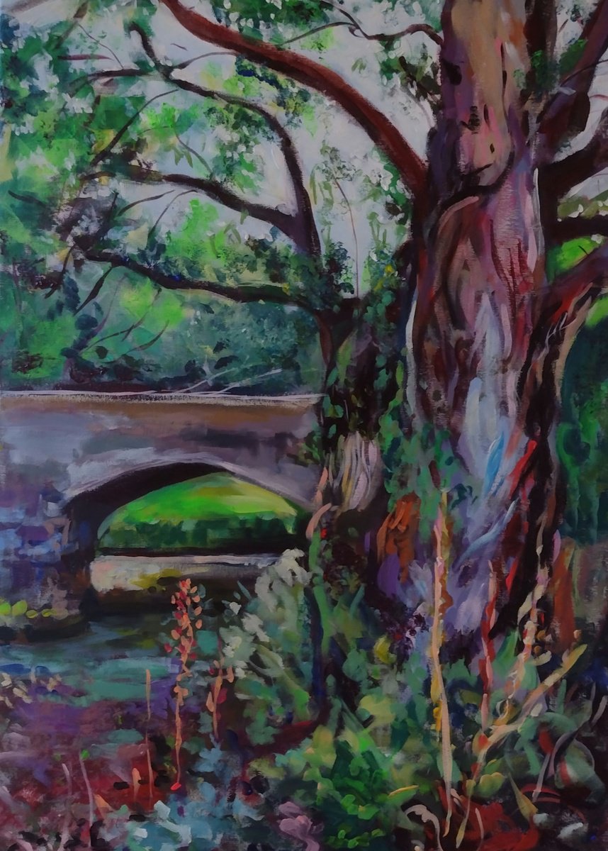 Impressionistic Landscape Acrylic Painting By Marina Del Pozo, 20 X 28", The Sheltering Tree, Original Artwork