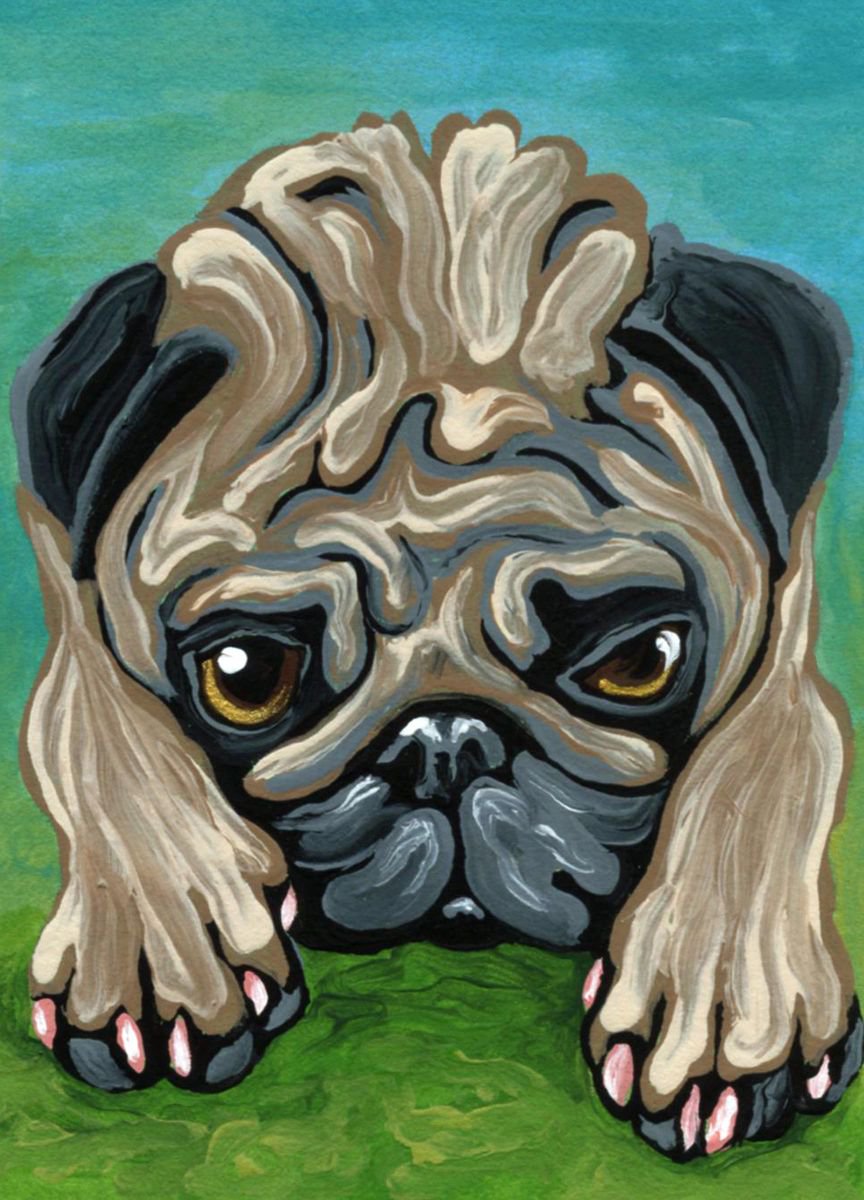 ACEO ATC Original Painting Pug Puppy Dog Art-Carla Smale by carla smale