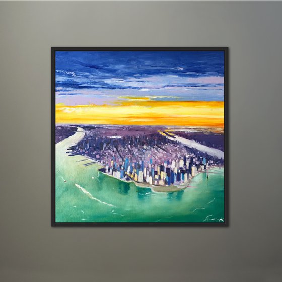 Sunset painting over cityscape, New York painting on canvas