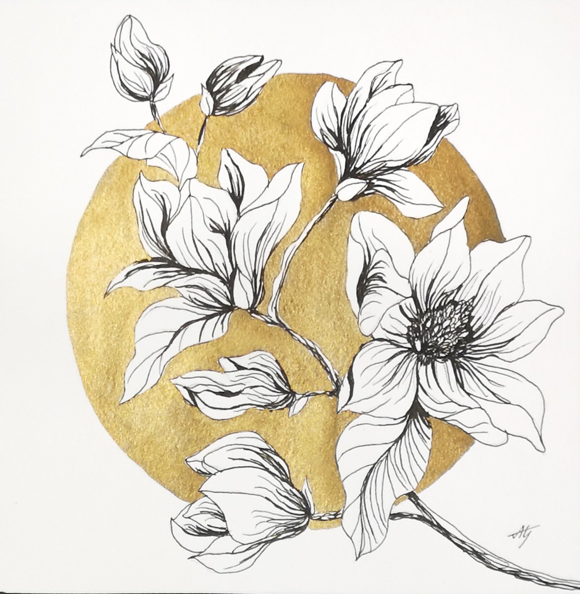 Illustrative Botanical Painting By Aneta Gajos, 8 X 8, Aztec Gold Magnolia, Original Artwork