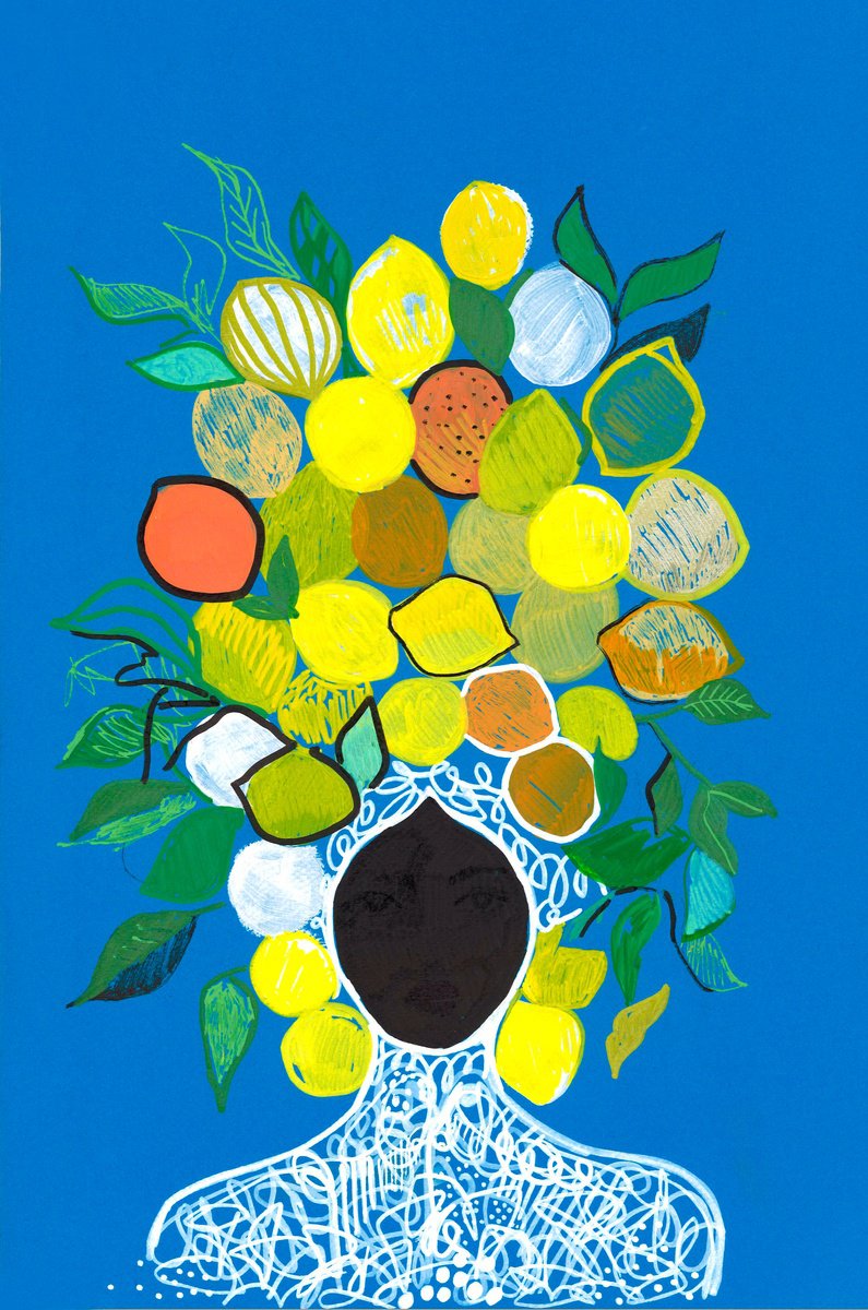 Fruit Head and Blue Line Art by Sasha Robinson