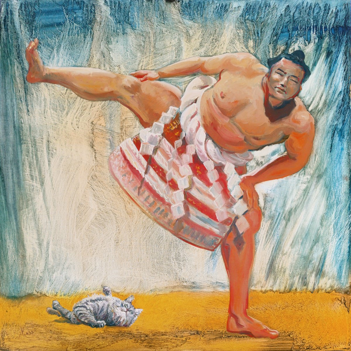 Expressive Portrait Oil Painting By Isabel Mahe, 27 X 27, ???? Sumo Cat, Original Artwork