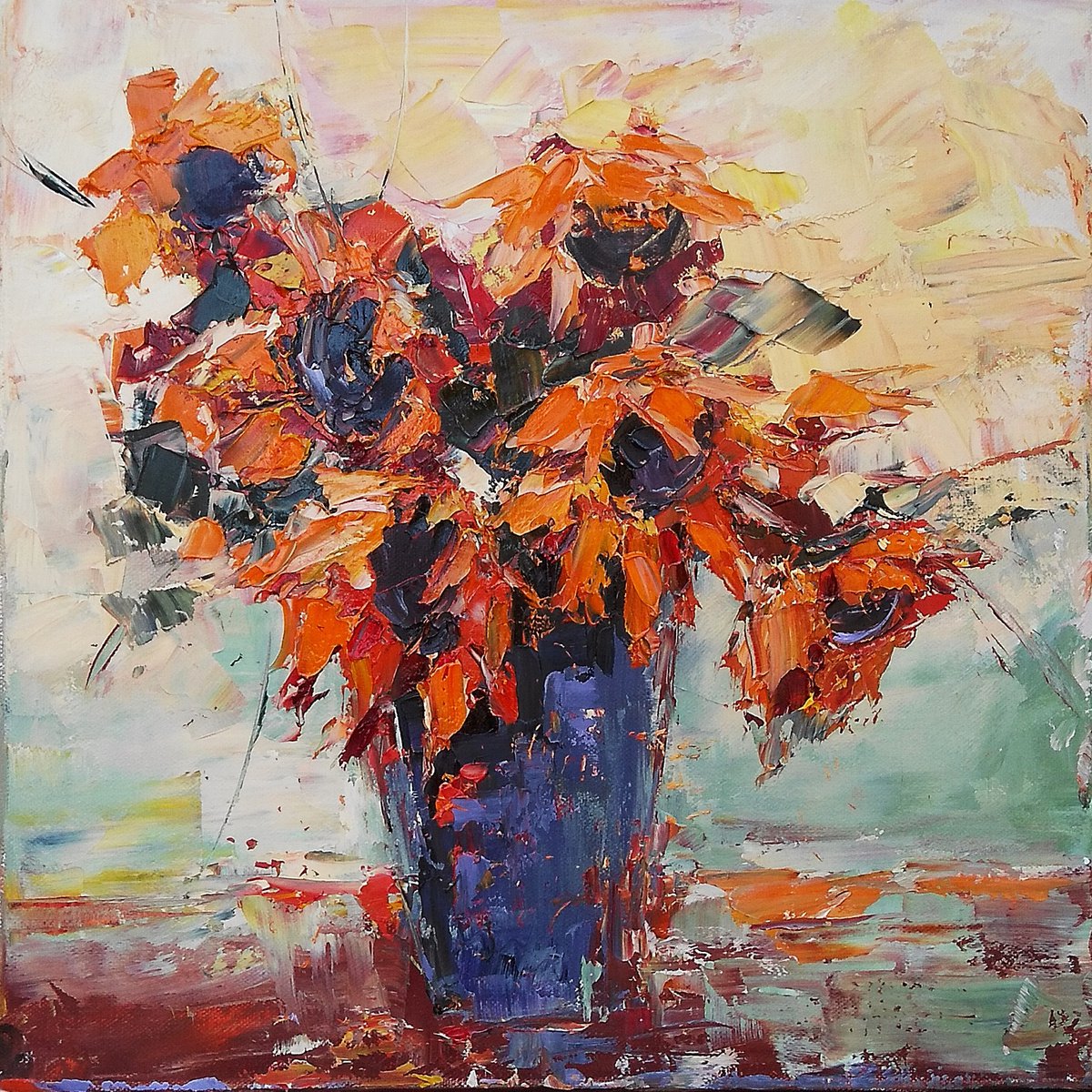 HOME AGAIN, 40x40cm, sunflowers oil floral still life painting by Emilia Milcheva