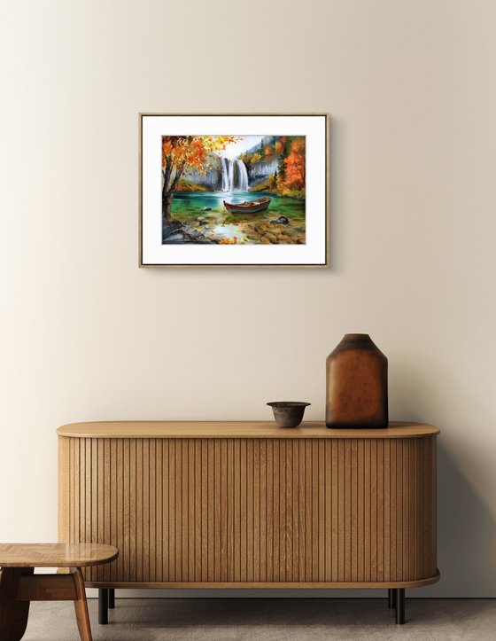 Boat Beneath Autumn’s Cascade