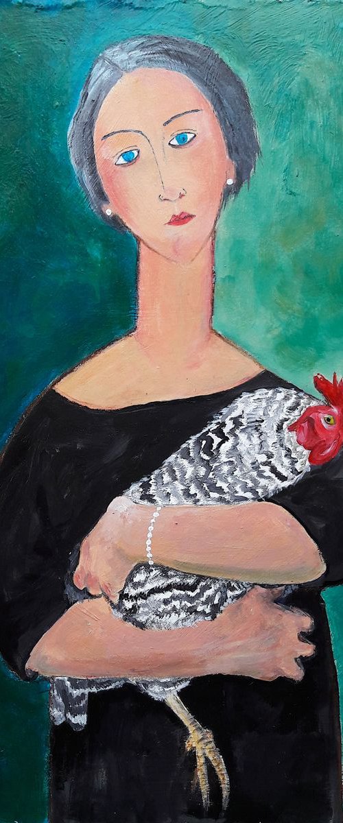 Grey haired Woman with Chicken by Teresa Tanner