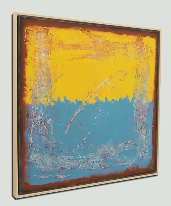 Once in Yellow & Blue Square - Ronald Hunter - Abstract Painting - Incl Frame - 34A