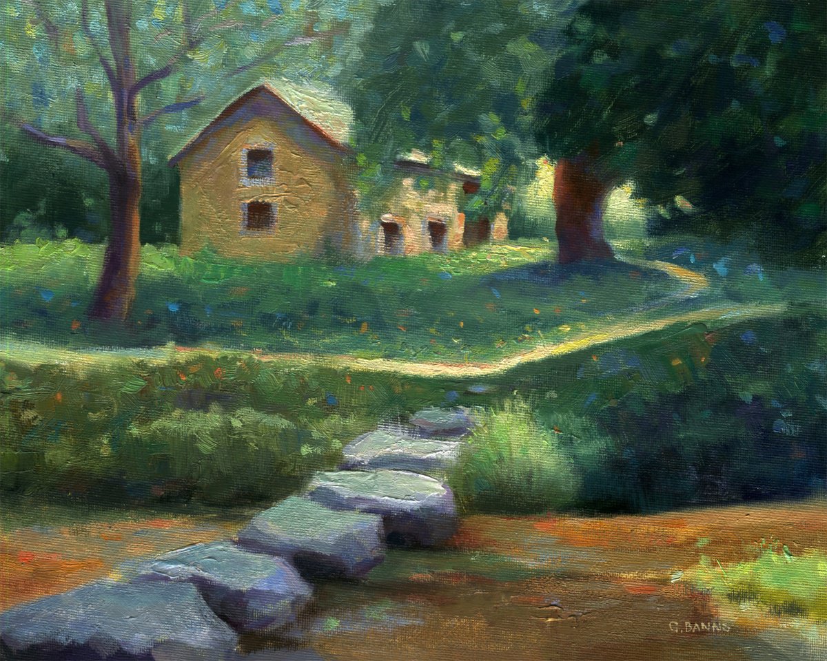 Impressionistic Landscape Oil Painting By Gav Banns, 12 X 9, Stepping Stones Over The River To An Old Barn, Original Artwork