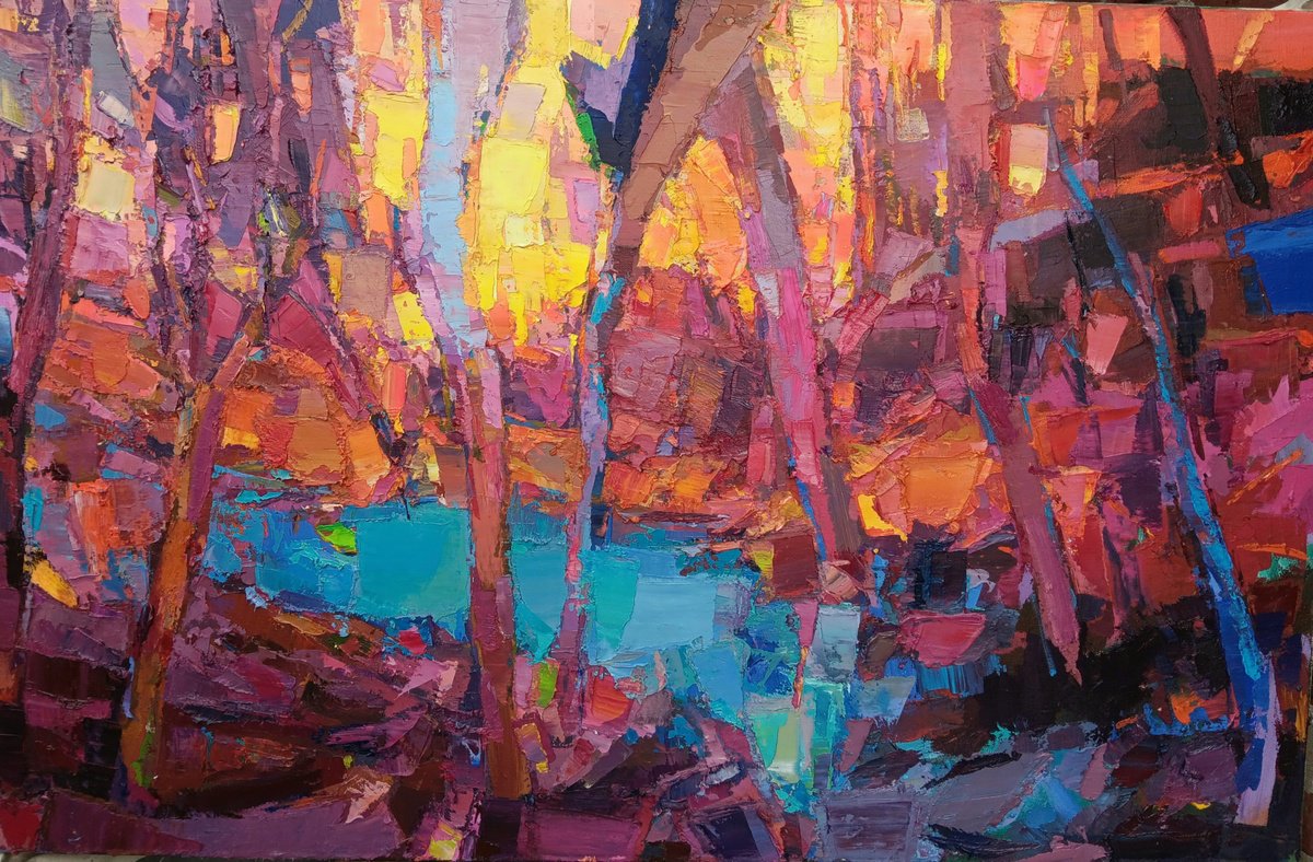 Impressionistic Landscape Oil Painting By Ruslan Khais, 46 X 30", Heat Wave. Summer Evening, Original Artwork