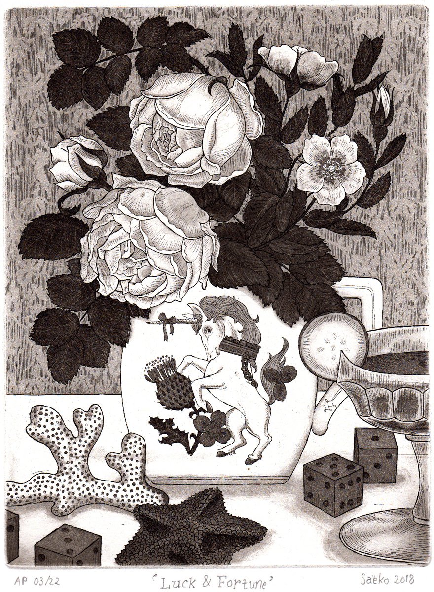 Illustrative Still Life Etchings & Engravings By Saeko, 10 X 14", Luck & Fortune, Original Artwork