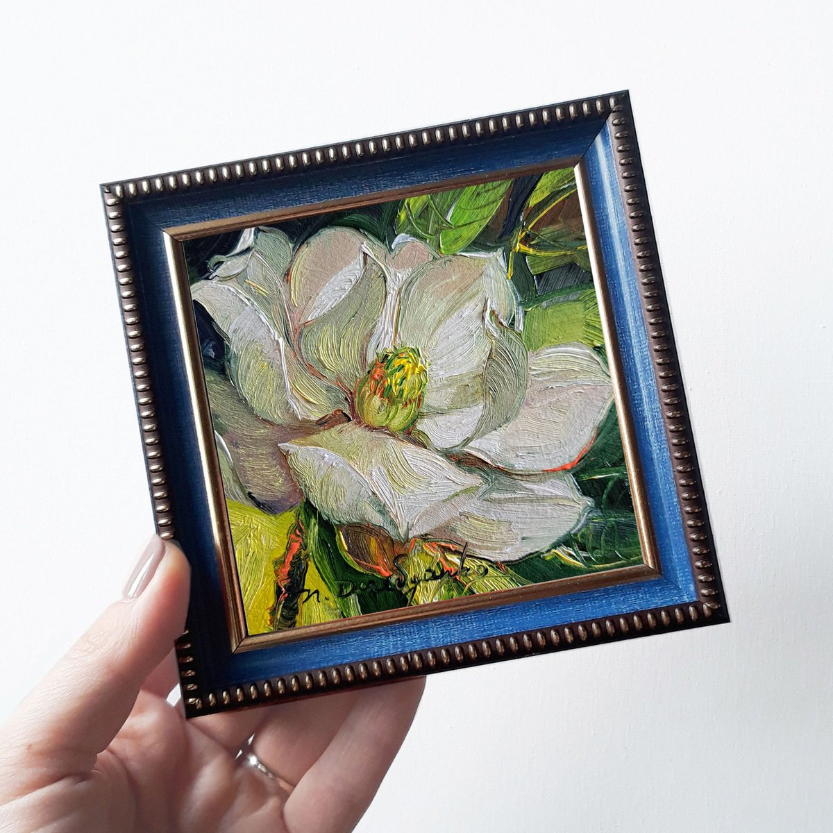 Magnolia oil painting original, Small art framed unique white flower painting miniature by Nataly Derevyanko