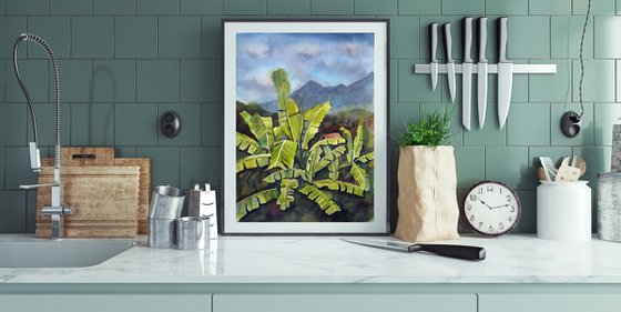 House in the jungle - tropical original green watercolor