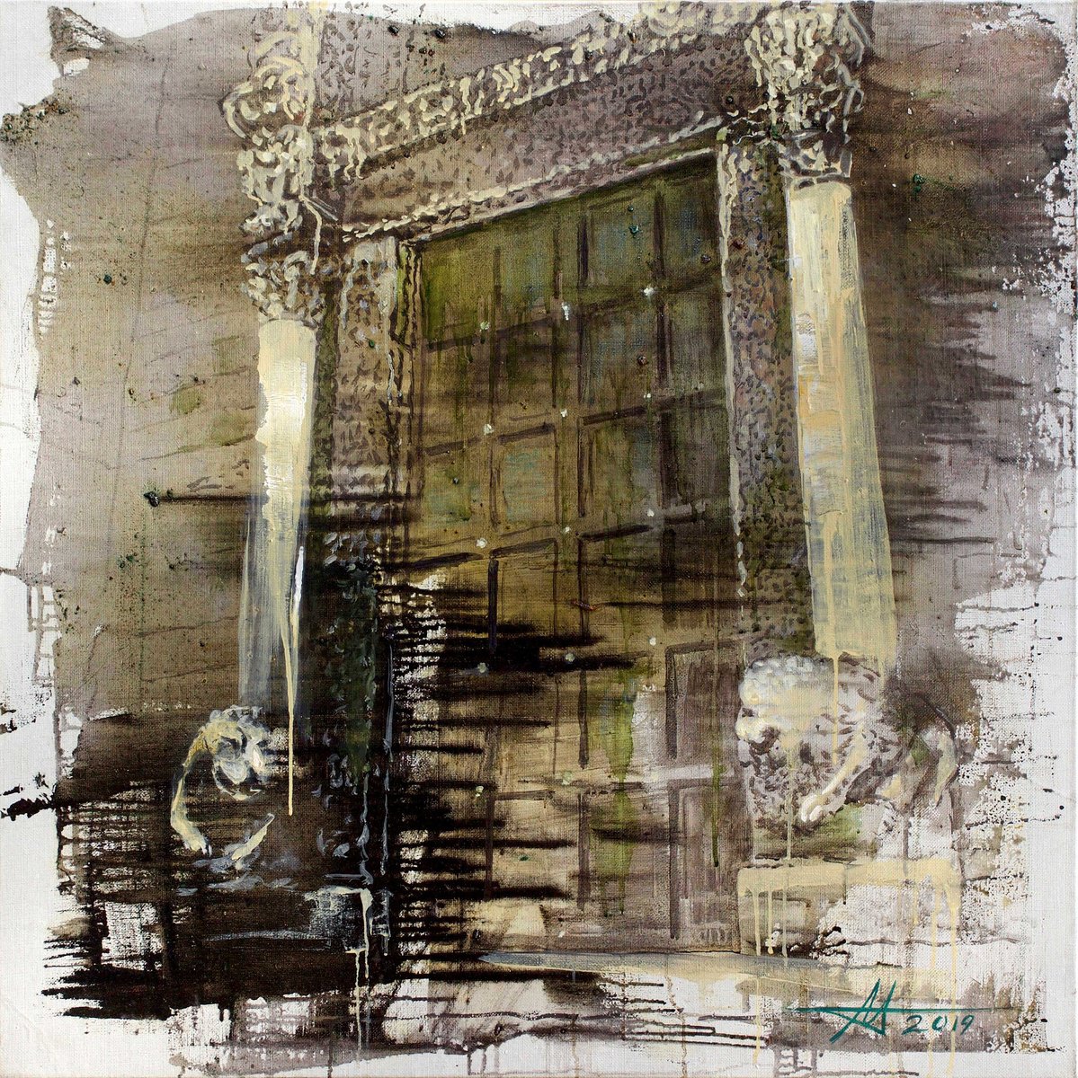 Expressive Cityscapes Oil Painting By Anatoliy Menkiv, 35 X 35, Lions And Epochs, Original Artwork