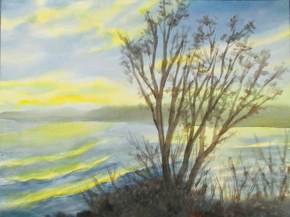 Sunset by the river - watercolor landscape by Julia Gogol