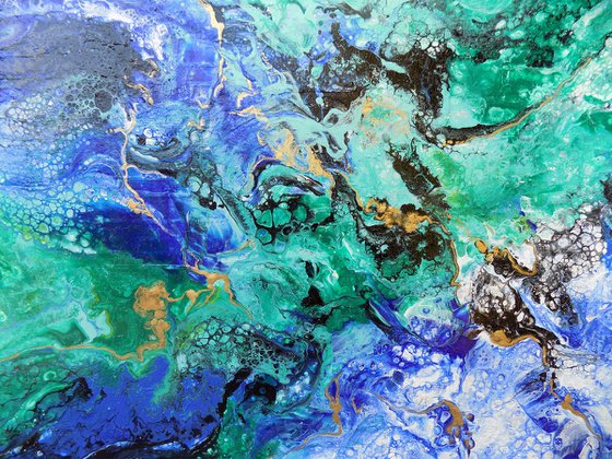 Modern abstract art blue green gold metallic painting, Summer vibes