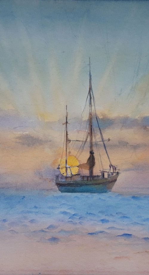 Sailboat in Calm waters, Ship at sunset by Bozhidara Mircheva