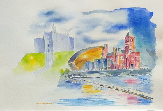 Cardiff memoir, Watercolor, Impressionistic contemporary art, souvenir