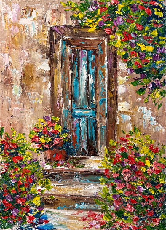 Old door with flowers