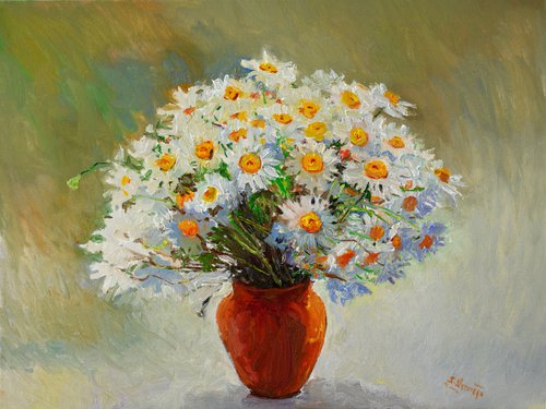 Chamomile flowers - acrylic, flowers, painting, chamomile, chamomile acrylic  painting, small painting Acrylic painting by Anastasia Kozorez