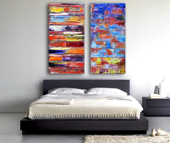 "Fire And Ice" - Save As Series - Original Extra Large PMS Abstract Diptych Oil Paintings On Canvas - 48" x 48"