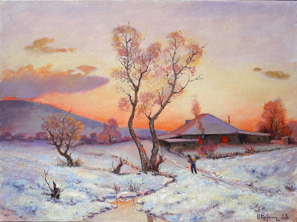 Impressionistic Landscape Oil Painting By Sergey Xachatryan, 31 X 24", Warm Winter, Original Artwork