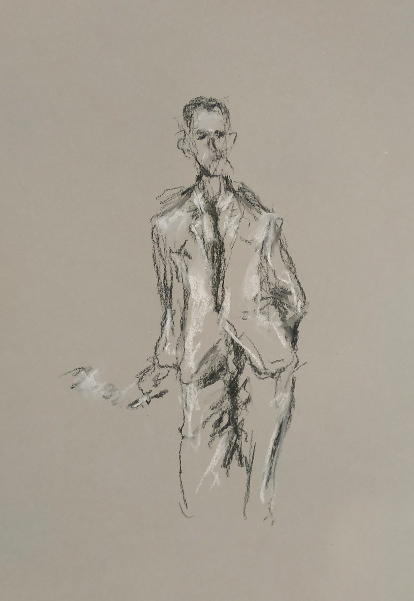 Illustrative Portrait Charcoal Drawing By Sbboursot, 8 X 11", Dapper, Original Artwork