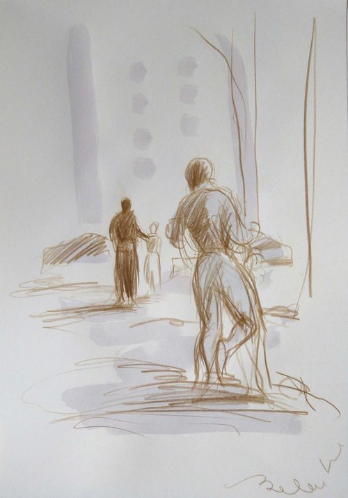 City drawing - Jogger, ink and pencil on paper 29x42 cm by Frederic Belaubre