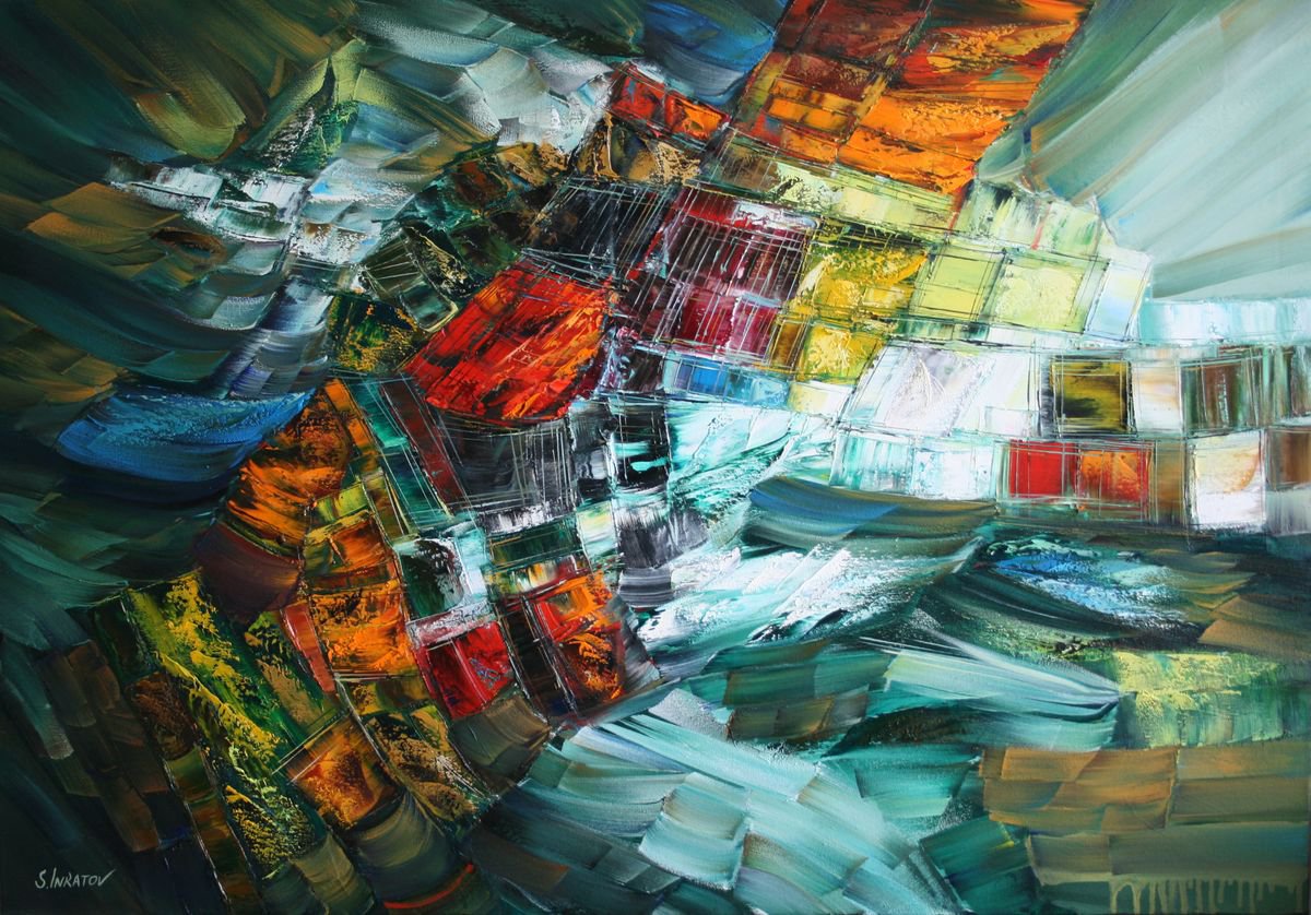 Abstract Oil Painting By Sergei Inkatov, 39 X 28", Emerald Coast, Original Artwork