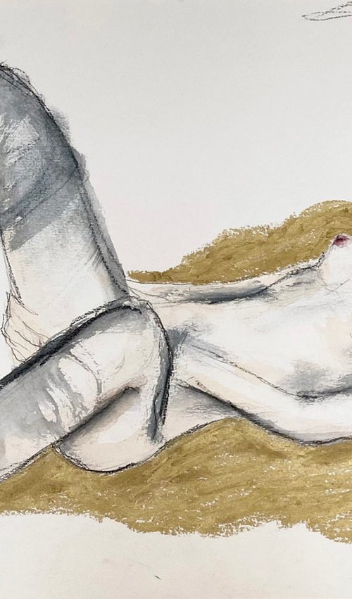 Homage to Egon Schiele - Reclining nude on gold Blanket by Fiona Maclean