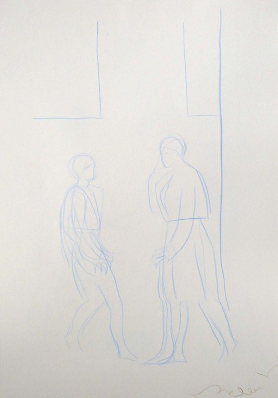 City drawing - PASSERS-BY, ink and pencil on paper 29x42 cm
