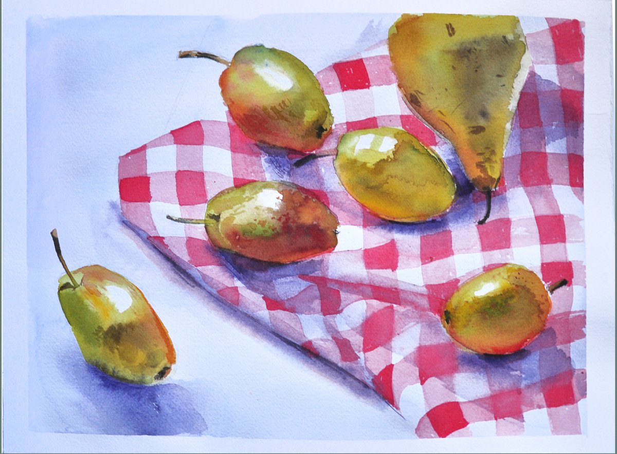 Pears on red by Nataliia Nosyk