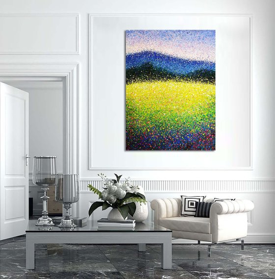 Green Yellow field Sunny meadow painting Original Art Sunny day Large landscape