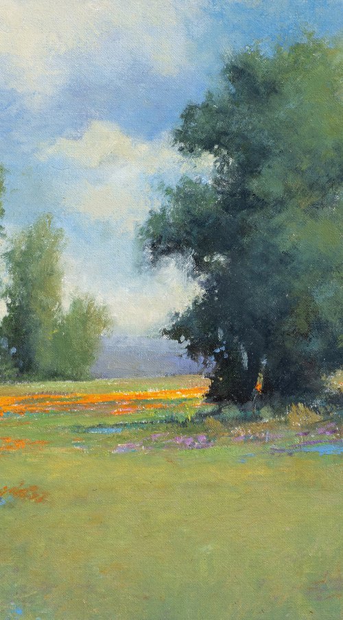 Spring Afternoon 220327, flower field impressionist landscape oil painting by Don Bishop
