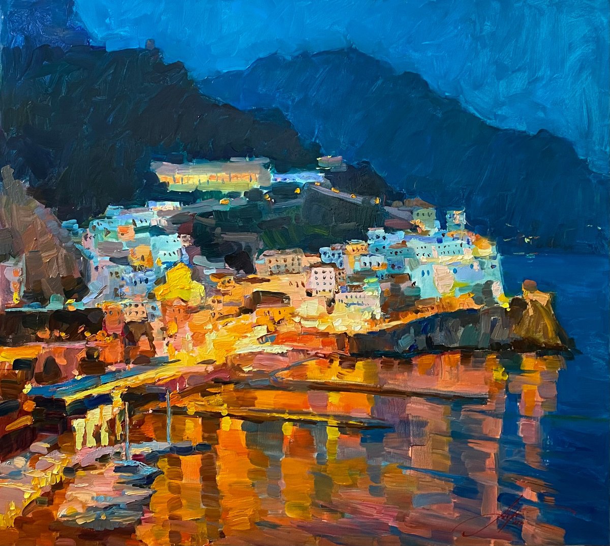 Impressionistic Landscape Oil Painting By Oleksii Chebotaru, 39 X 35", Southern Night, Original Artwork