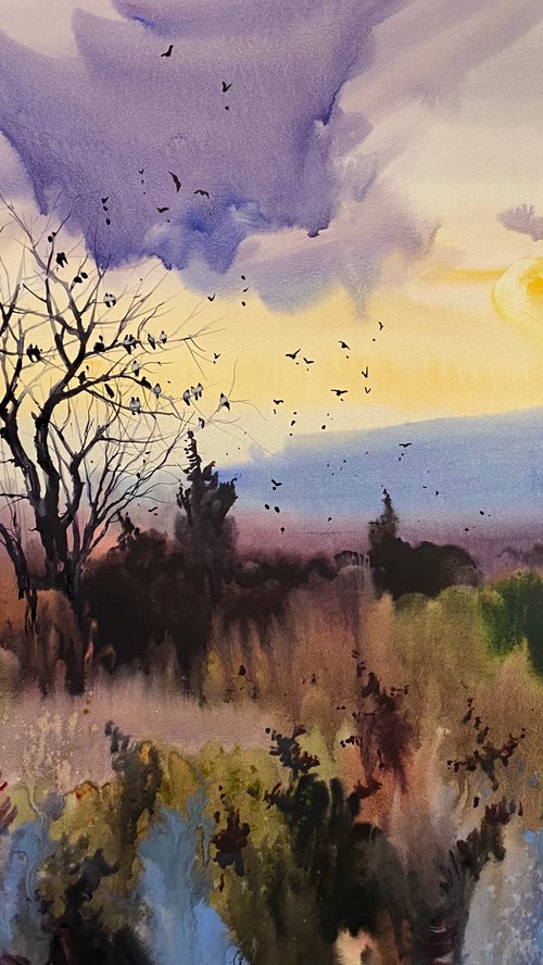 Watercolor “Autumn landscape” perfect gift by Iulia Carchelan