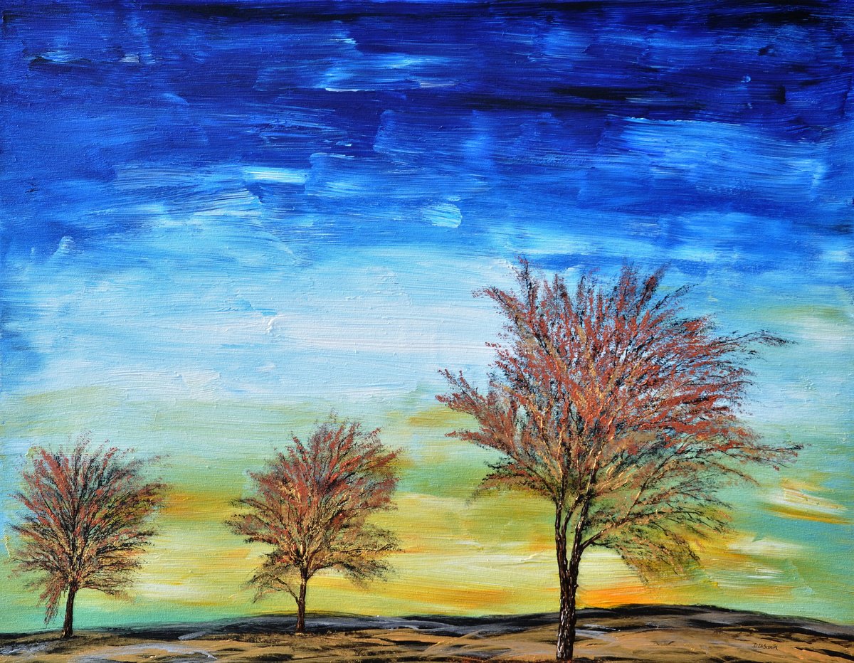 Impressionistic Landscape Acrylic Painting By Daniel Urbani?k, 35 X 28, Golden Trees, Original Artwork