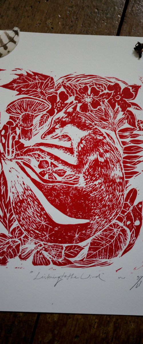 Late Summer Fruits Fox Linocut Print by Victoria Lucy Williams