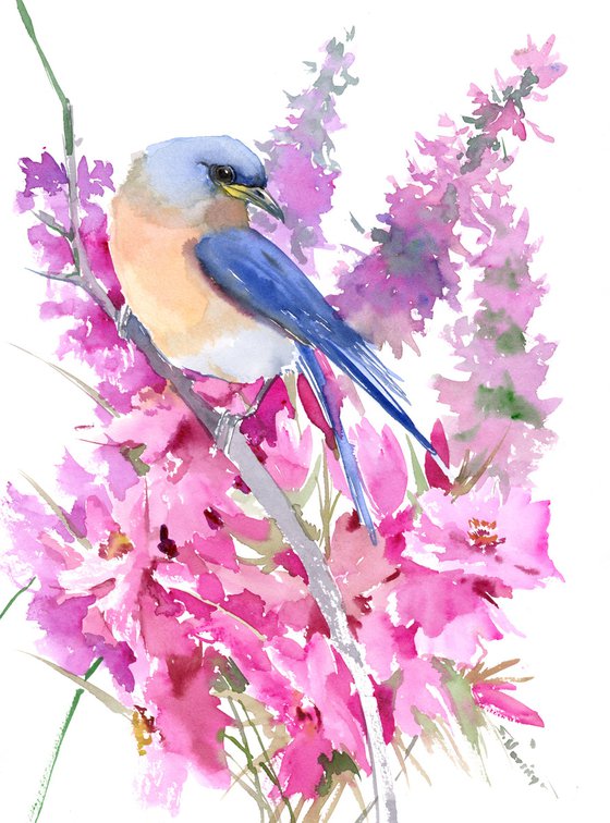 Bluebird and Spring Flowers