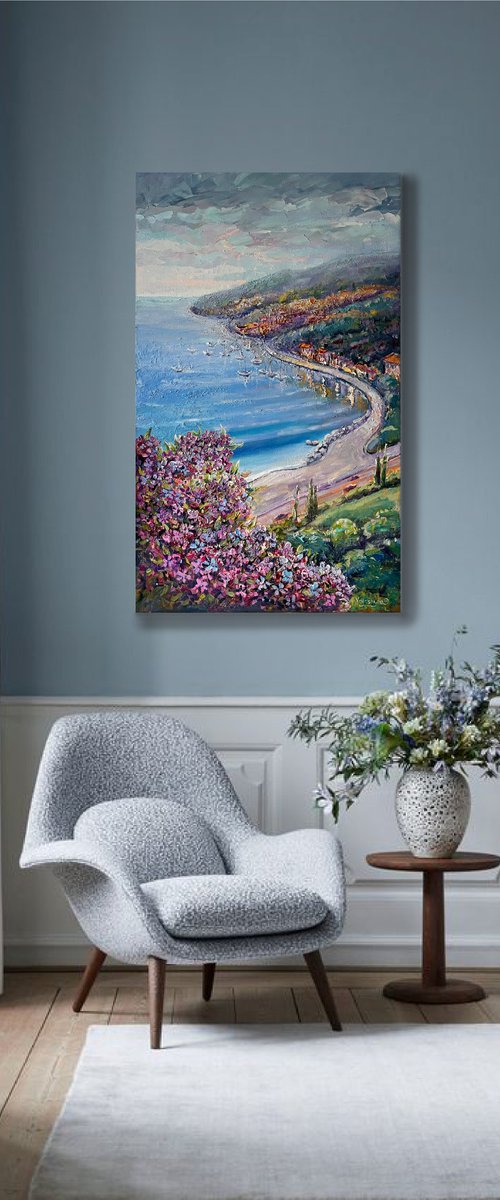 Lagoon sea view. Original oil painting. Flowers by Mary Voloshyna