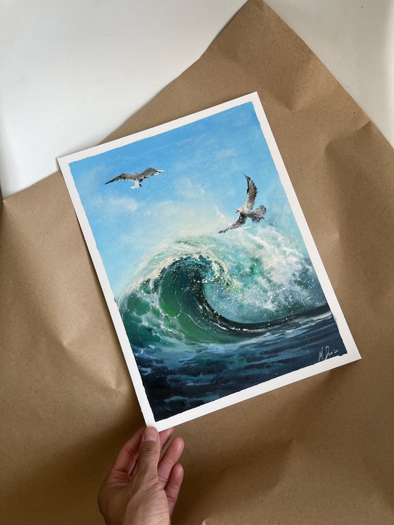 Ocean Wave With Seagulls