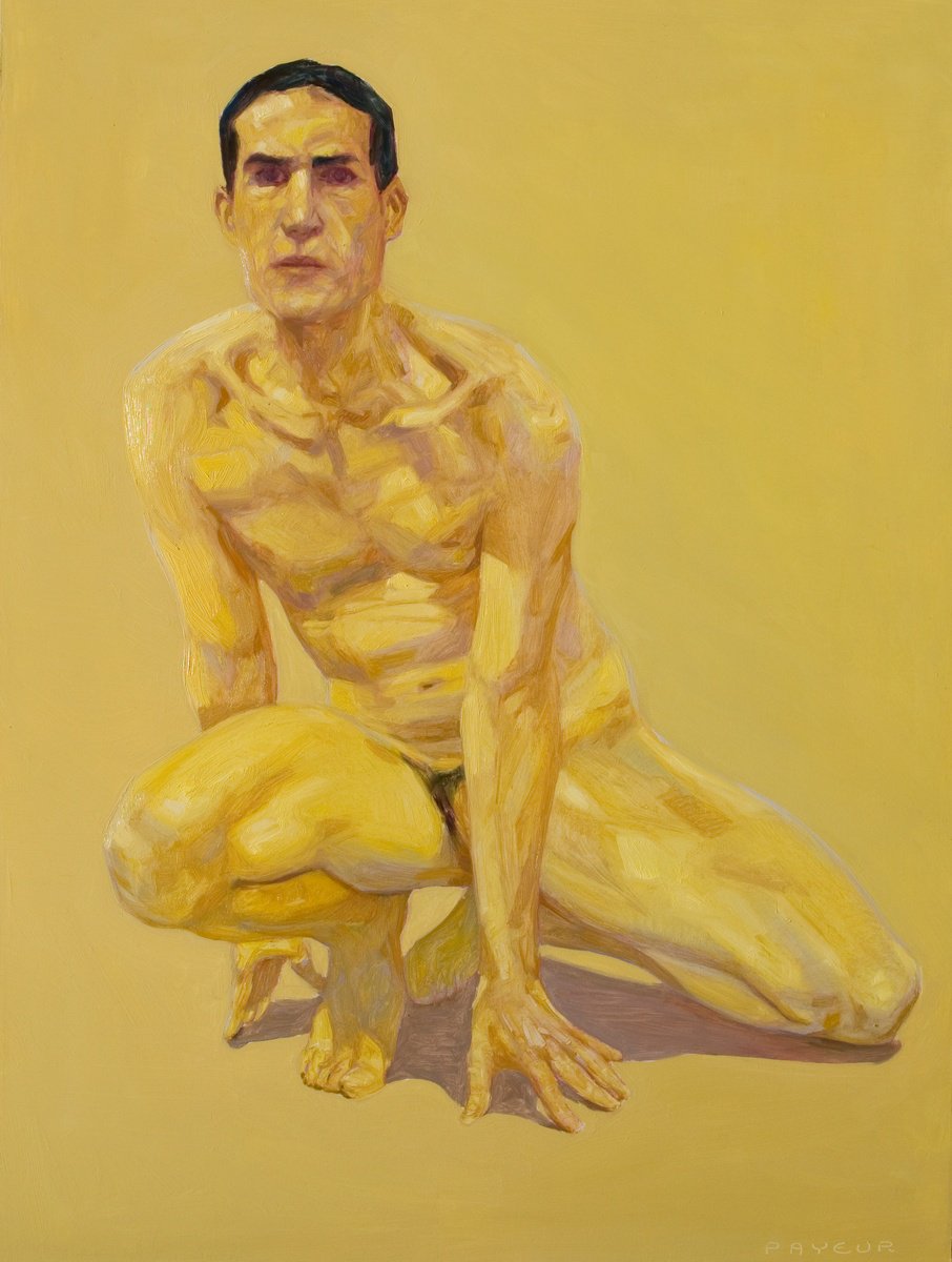 Impressionistic Still Life Oil Painting By Olivier Payeur, 24 X 31", Nude Yellow Selfportrait, Original Artwork