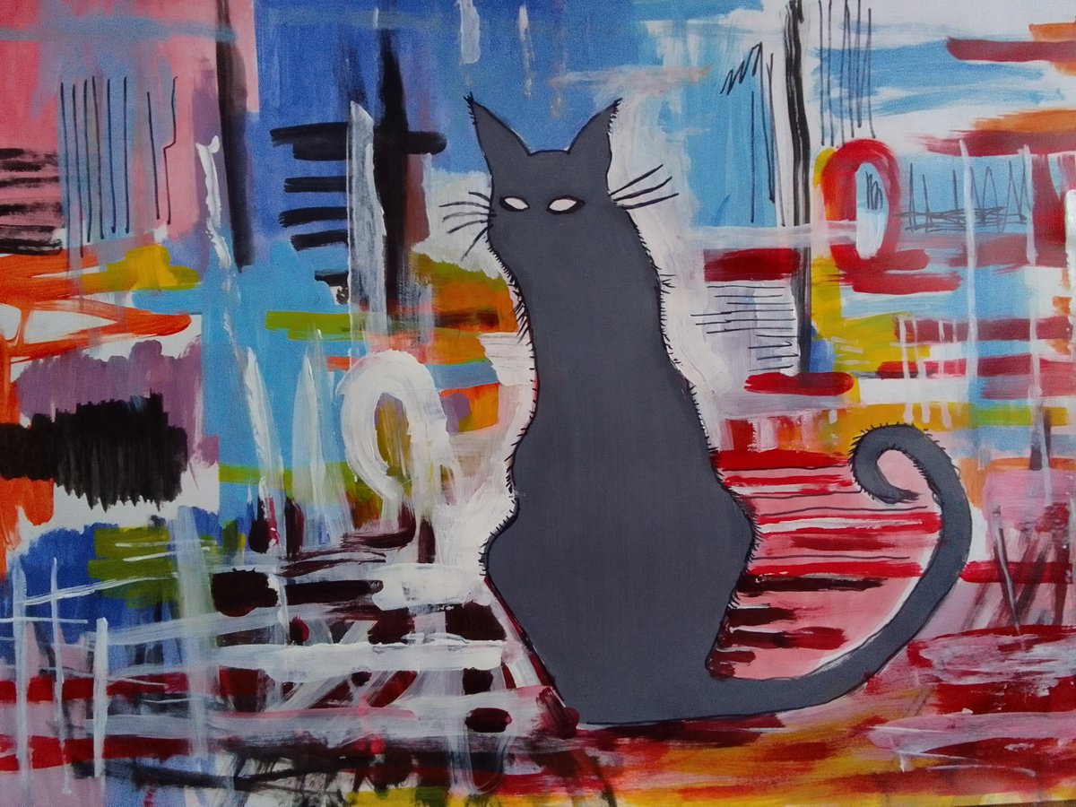 Abstract Animal Acrylic Painting By Soso Kumsiashvili, 33 X 24", Cat, Original Artwork