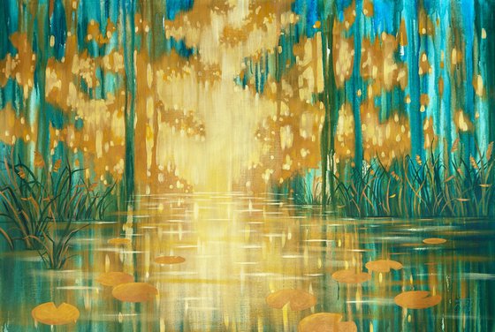 Golden-emerald forest pond