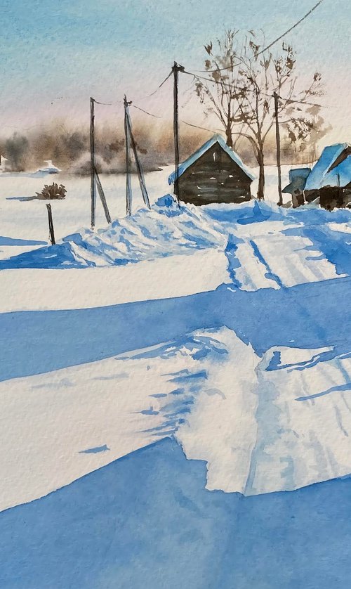 Winter morning, original watercolour painting by Natalia Butenko