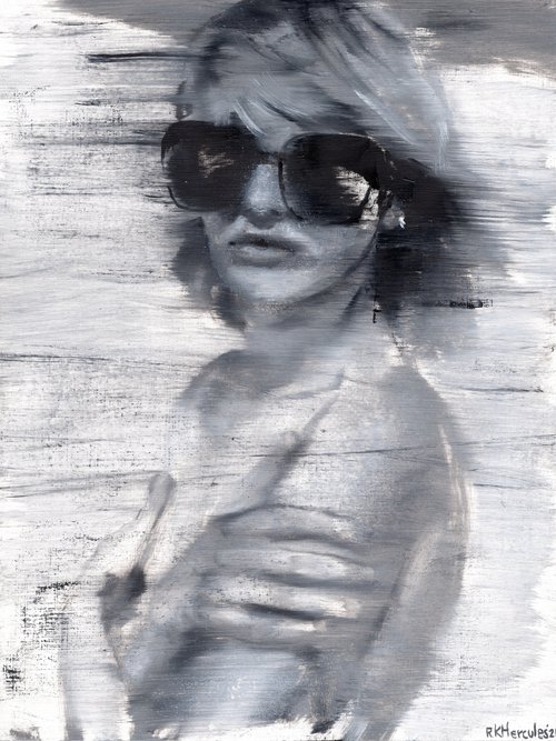 Aivita | Black and white oil painting on paper | beautiful powerful make up fashion muse sunglasses summer vibe woman lady by Renske Karlien Hercules